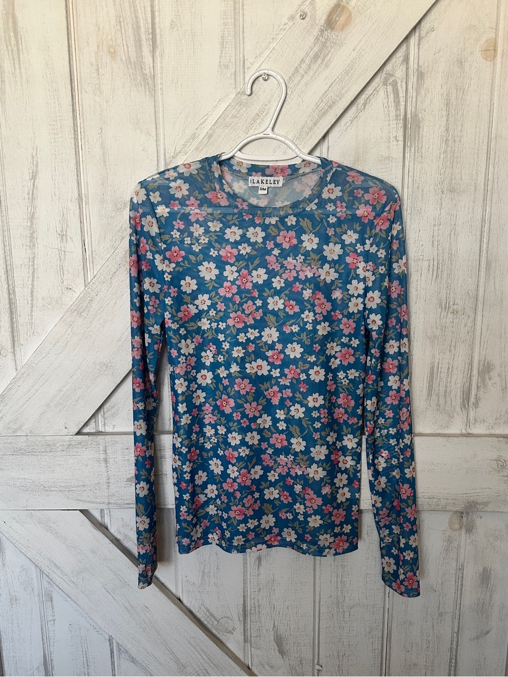 Long-Sleeve Floral Crewneck Top - Blue with Pink & White Flowers